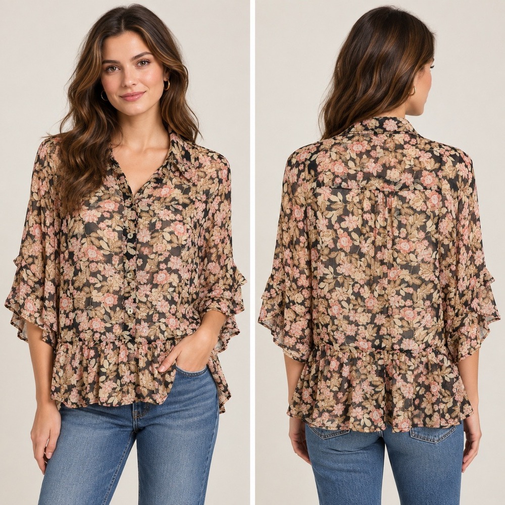 Umgee Floral Metallic Thread Sheer Black Ruffle Blouse Peplum Sleeve Women's S